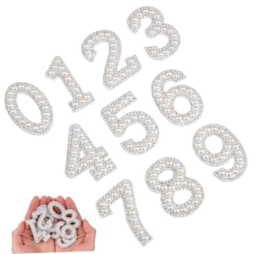 PartyKindom 1 Satz Digitale Diamantaufkleber Perlen-zahlenaufkleber Nummernaufnäher Für Jacken Kleine Kleiderflicken Perlennummern-patches Nummern-patches Aus Chenille Sticken Weiß Vlies von PartyKindom