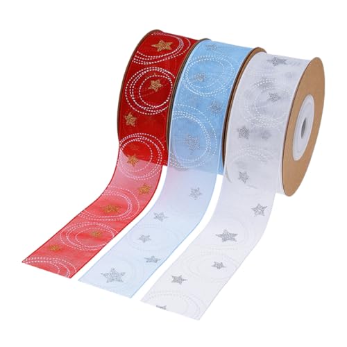 PartyKindom 3 Rollen Weihnachtsband Polyester Stern Kreis Muster Geschenkband für Geschenkverpackung DIY Basteln Festliche Schleifen Weihnachtsdeko in Weiß Blau Rot von PartyKindom