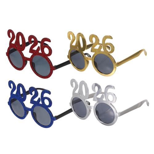 PartyKindom 4 Stück Neujahrsbrillen Bunt Glänzend für Silvesterparty Foto Requisiten Robuste Pc Gläser in Gold Silber Blau Rot Partyzubehör für Festliche Feierlichkeiten von PartyKindom