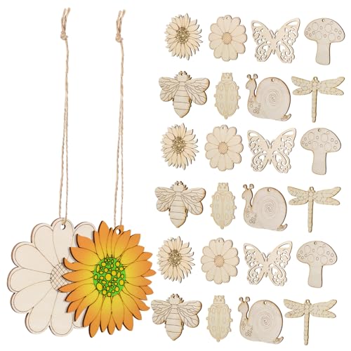 PartyKindom 40 Stück Unbehandelte Holz Bastelsets für DIY Holzanhänger mit Blumen und Tiermotiven für Malerei und Kreative Projekte Juteseilen Holzschnittformen von PartyKindom