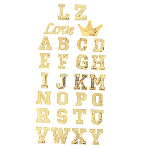 PartyKindom 56 Stück Pailletten Buchstaben Aufnäher zum Aufbügeln Iron Alphabet Patches für Kleidung Taschen und DIY Projekte Goldfarben Gestickte Applikationen von PartyKindom