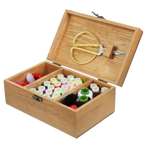 PartyKindom Nähzubehör mit Robusten Nähnadeln und Fadenwerkzeugen Vintage Holzbox für Zuhause Kompaktes Leichtes Nähkasten für Anfänger und DIY Praktisches Stickzubehör für Stofffarben von PartyKindom
