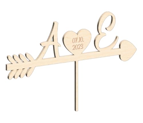 Cake Topper Hochzeit – Personalisierter Tortenstecker mit Initialen & Datum – Pfeil mit Herz – Holz – Hochzeitsdeko – Namen graviert – Deko für Torte, Hochzeit, Verlobung, Jubiläum – 15 cm oder 20 cm von PartyMagix