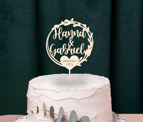 Cake Topper Hochzeit personalisiert mit Namen & Datum – Herz Design – Holz Birke – Tortenaufsatz zur Hochzeit – Deko für Torte – Gravur Geschenk – personalisierbar von PartyMagix