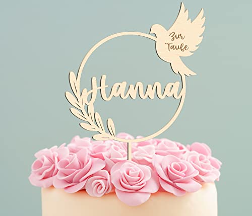 Cake Topper Taufe mit Taube – Kuchentopper personalisiert aus deutscher Holzmanufaktur, mit Name oder Datum – 15 cm – Wiederverwendbar, Kommunion, Konfirmation – Holz Deko für Kuchen & Torte von PartyMagix