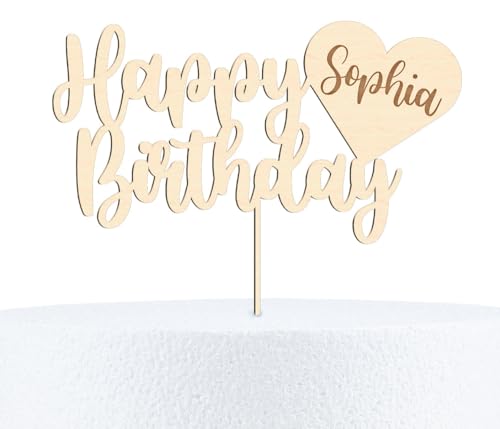 Happy Birthday Cake Topper – Tortenstecker personalisiert mit Namen im Herz – Kuchendeko Geburtstag – Holz – Deko für Kinder, Erwachsene & Partys – Wunschnamen graviert – 15 cm oder 20 cm von PartyMagix