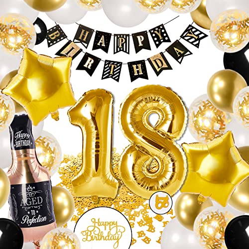 PartyWoo Luftballons 18 Geburtstag, 28 Stück Schwarz Gold Girlande Geburtstag, Luftballons 18 Geburtstag, Sternfolienballons, Happy Birthday Girlande, Kuchendeckel, Pom Pom, Deko Geburtstag von PartyWoo