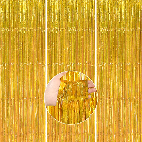PartyWoo Foil Fringe Curtains Lametta Vorhänge, 3 Stück Party Hintergrund, Gold, Partydeko für Hochzeit, Baby Shower, 1x2m von PartyWoo