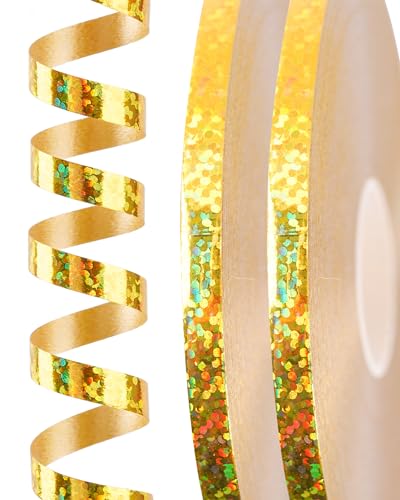 PartyWoo Geschenkband Gold Laser, 120 Meter/ 131 Yard Schleifenband, Ringelband, Glänzendes Ballonband, Dekoband für Ballonverschlüsse, Geschenkverpackung, Basteln, Partydeko (2 Rollen, 60m/ Rolle) von PartyWoo