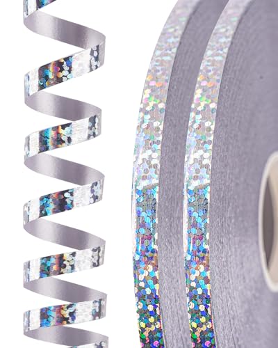 PartyWoo Geschenkband Silber Laser, 120 Meter/ 131 Yard Schleifenband, Ringelband, Glänzendes Ballonband, Dekoband für Ballonverschlüsse, Geschenkverpackung, Basteln, Partydeko (2 Rollen, 60m/ Rolle) PartyWoo Geschenkband Silber Laser, 120 Meter/ 131 Yard Schleifenband, Ringelband, Glänzendes Ballonband, Dekoband für Ballonverschlüsse, Geschenkverpackung, Basteln, Partydeko (2 Rollen, 60m/ Rolle) von PartyWoo