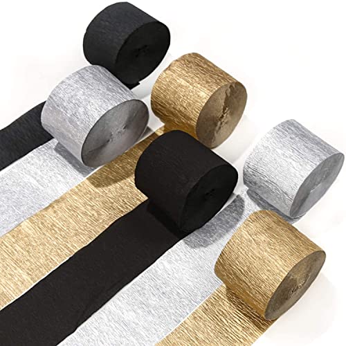 PartyWoo Krepppapier 6 Rollen 150 m, Kreppband Satz von Gold, Silber und Schwarz, Creppapier, Krepp Papier für Partydekorationen, Geburtstagsdekorationen, Hochzeitsdekorationen (4,5 cm x 25 m/Rolle) von PartyWoo