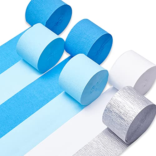PartyWoo Krepppapier 6 Rollen 150 m, Kreppband Satz von Weiß, Hellblau, Royalblau und Silber, Creppapier, Krepp Papier für Partydeko, Geburtstagsdeko, Hochzeitsdekorationen (4,5 cm x 25 m/Rolle) von PartyWoo