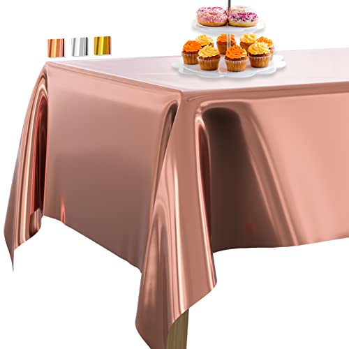 PartyWoo Tischdecke Roségold Folientischdecke, 137 x 274 cm Rechteckige Tischdecke Abwaschbar für 6 bis 8 Fuß Tisch, Tischtuch, Table Cloth, wasserdichte Tischdecke für Geburtstag, Hochzeit (1 STÜCK) von PartyWoo