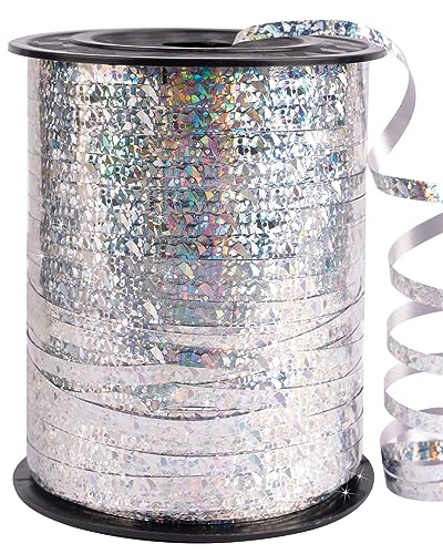 PartyWoo Silberfarben, 1/5 Zoll x 457 m Lockenbasteln, schillernd, gekräuselt, glänzende metallische Geschenkverpackung, Band für Luftballons, Schnur, Haare, Floristen-Blume (1 Rolle) von PartyWoo