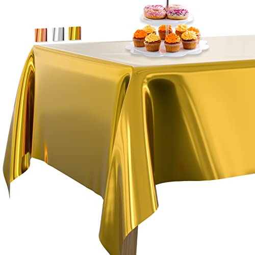 PartyWoo Tischdecke Gold Folientischdecke, 137 x 274 cm/ 54 x 108 Zoll Rechteckige Party Tischdecke Abwaschbar für 6 bis 8 Fuß Tisch, Tischtuch, wasserdichte Tischdecke für Geburtstag (1 STÜCK) von PartyWoo