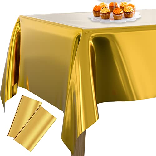 PartyWoo Tischdecke Gold Folientischdecke, 2 STÜCK, 137 x 274 cm/ 54 x 108 Zoll Rechteckige Party Tischdecke Abwaschbar für 6 bis 8 Fuß Tisch, wasserdichte Tischdecke für Geburtstag, Hochzeit von PartyWoo