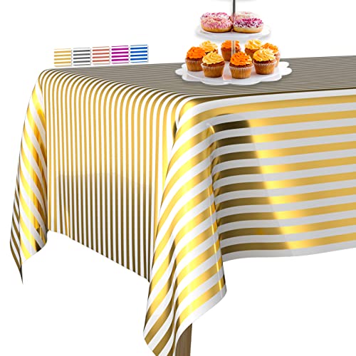 PartyWoo Tischdecke Gold Folientischdecke Streifen, 137 x 274 cm/ 54 x 108 Zoll Rechteckige Party Tischdecke Abwaschbar für 6 bis 8 Fuß Tisch, wasserdichte Tischdecke für Geburtstag (1 STÜCK) von PartyWoo