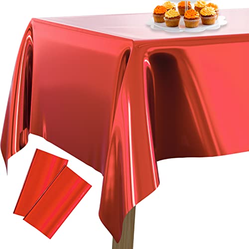 PartyWoo Tischdecke Rot Folientischdecke, 2 STÜCK, 137 x 274 cm/ 54 x 108 Zoll Rechteckige Party Tischdecke Abwaschbar für 6 bis 8 Fuß Tisch, wasserdichte Tischdecke für Geburtstag, Hochzeit von PartyWoo