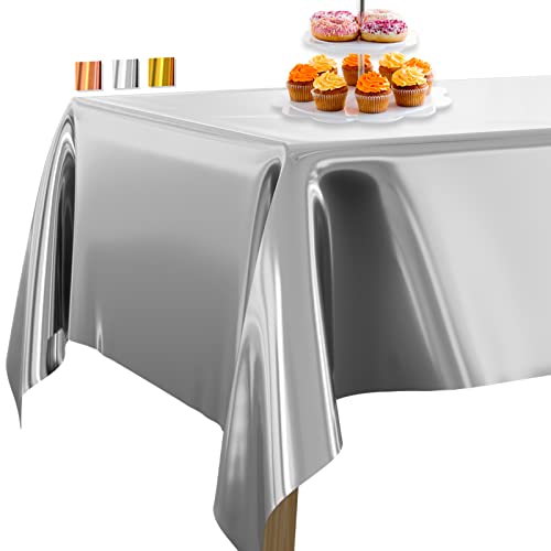 PartyWoo Silber Folientischdecke, 137x274cm/ 54 x 108 Zoll Rechteckige Party Tischdecke Abwaschbar für 6 bis 8 Fuß Tisch, Tischtuch, wasserdichte Tischdecke für Geburtstag, Hochzeit (1 STÜCK) von PartyWoo