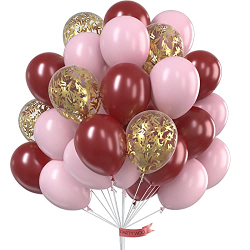 Weinrot Rosa Luftballons, 70 Stück Luftballons Weinrot, Bordeaux Ballon, Luftballons Burgunder, Luftballons Rosa und Gold Konfetti Luftballons, Luftballon Rose Weinrot für Taufe Mädchen von PartyWoo