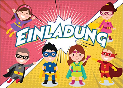 Partycards 12er Set Einladungskarten Kindergeburtstag Mädchen und Junge, Superheld und Superheldin Thema, Einladungskarten Geburtstag, Kinderparty, Heldengeburtstag von Partycards