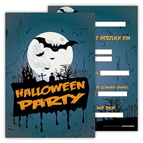 Einladungskarten für Kindergeburtstag oder Halloween-Party für Jungen oder Mädchen (Mond mit Fledermäusen, 12 Stück im Kartenset) von Partycards