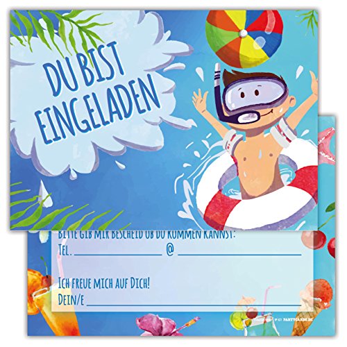 Partycards Einladungskarten Geburtstag, Einladungskarten zum Kindergeburtstag. Für Mädchen und Jungen, Badespaß, Poolparty und Schwimmen, 12 Stück für den ultimativen Kindergeburtstag. von Partycards