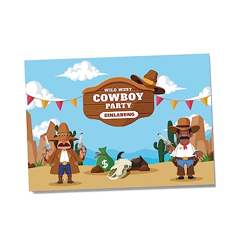 Partycards Einladungskarten Kindergeburtstag Mädchen und Junge, 12 Stück, A6, Wilder Westen, Cowboy-Motiv von Partycards