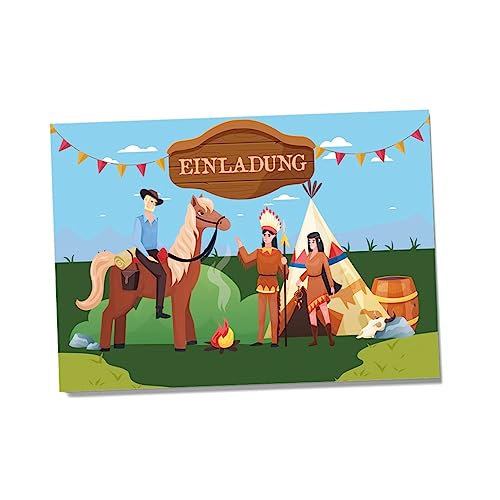 Partycards Einladungskarten Kindergeburtstag Mädchen und Junge, 12 Stück, Cowboy und Indianer Stil, zum Beschriften - Einladungskarten Geburtstag, Kinderparty von Partycards