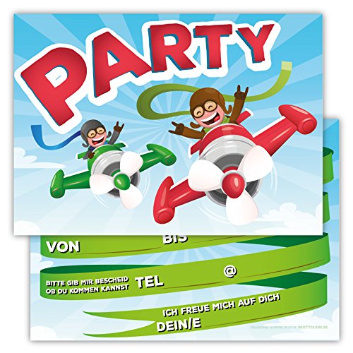 Partycards Einladungskarten Geburtstag, 12 Stck. Format DIN A6, Einladungskarten Kindergeburtstag Jungen und Mädchen, Flugzeug und Flieger Design, perfekt für Kinderparty, Freunde und Freundin von Partycards