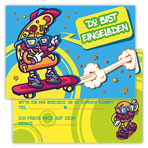 Partycards Einladungskarten Geburtstag, Einladungskarten Kindergeburtstag, Einladungskarten Kindergeburtstag Mädchen, 12 Stck. Skateboard Pizza Themenparty, Kinderparty und Freundeskreis von Partycards