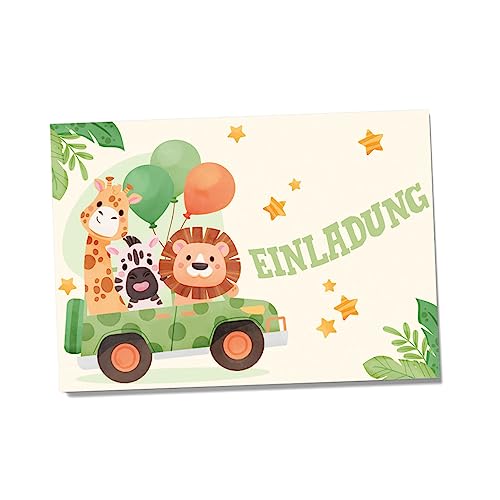 Partycards 12 Einladungskarten Geburtstag Zoo Tierpark Motiv - Humorvolle Einladungskarten Kindergeburtstag mit Löwe, Giraffe & Safari Motiven, Perfekt für Kindergeburtstage Junge und Mädchen von Partycards