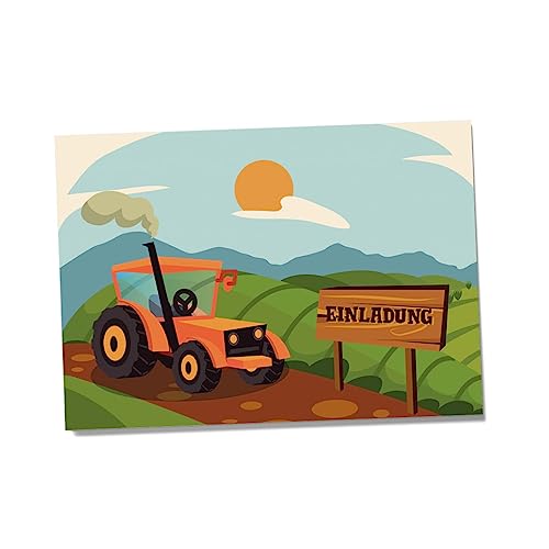 Einladungskarten für Kindergeburtstage für Jungen oder Mädchen (Traktor Bauer, 12 Stück im Kartenset) von Partycards