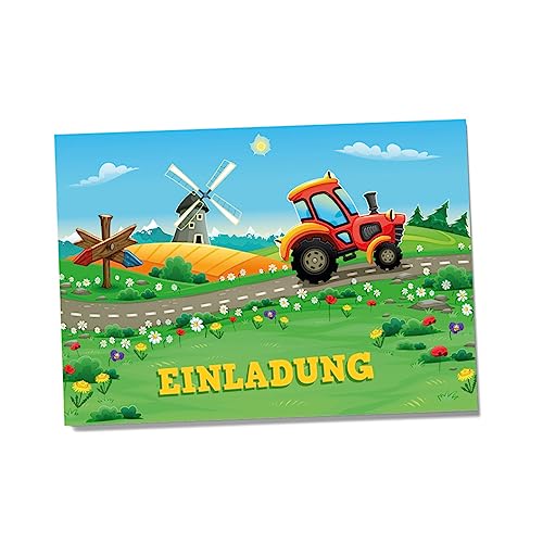 Einladungskarten für Kindergeburtstage für Jungen oder Mädchen (Traktor Bauer, 12 Stück im Kartenset) von Partycards