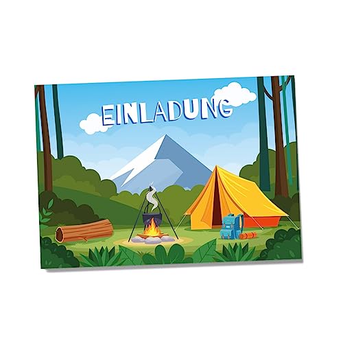 Partycards 12 Einladungskarten Geburtstag, Einladungskarten Kindergeburtstag, Motto Zelten Camping Lagerfeuer Lachen garantiert! Für Jungen und Mädchen Einladungskarten Kindergeburtstag Mädchen von Partycards