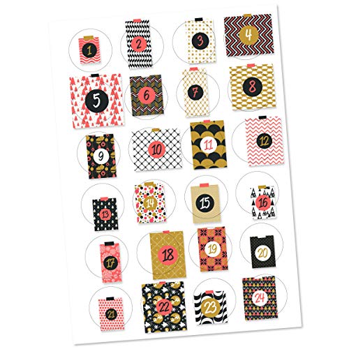 Partycards 24 Sticker/Aufkleber mit Zahlen für den Adventskalender, Geschenktüten, Geschenke oder Papierbeutel – selbsklebend, 40mm rund (Geschenkpapier) von Partycards
