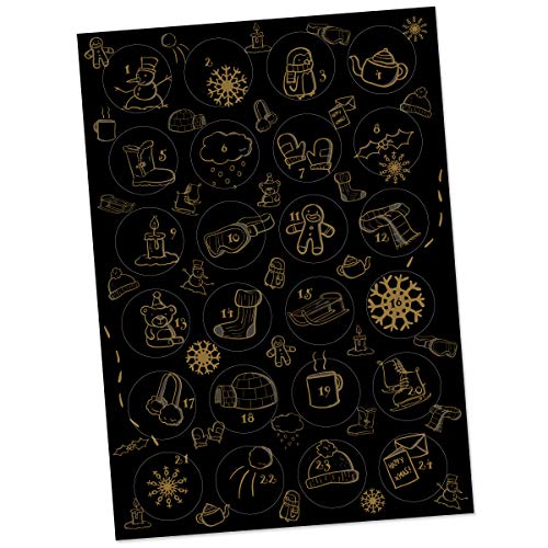 Partycards 24 Sticker/Aufkleber mit Zahlen für den Adventskalender, Geschenktüten, Geschenke oder Papierbeutel – selbsklebend, 40mm rund (Schwarz/Gold) von Partycards