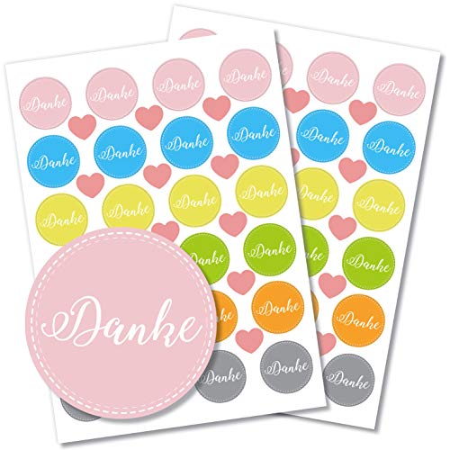 Partycards 48 Aufkleber/Sticker "Danke" rund für Hochzeit, Geburtstag, Weihnachten oder weitere Anlässe (Danke bunt) von Partycards