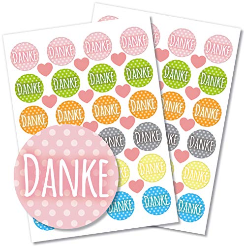Partycards 48 Aufkleber/Sticker "Danke" rund für Hochzeit, Geburtstag, Weihnachten oder weitere Anlässe (Danke mit bunten Punkten) von Partycards