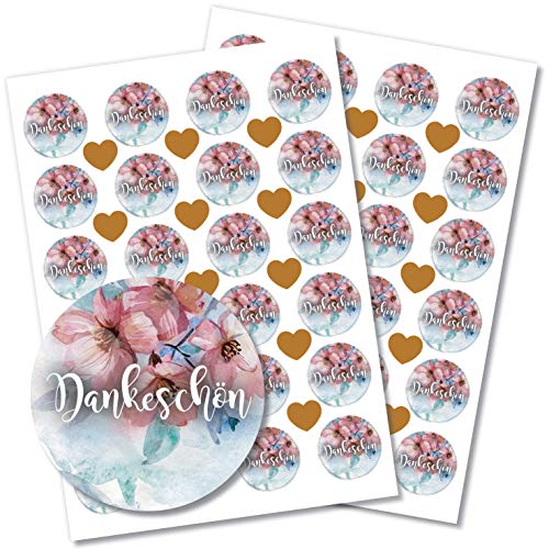 Partycards 48 Aufkleber/Sticker "Danke" rund für Hochzeit, Geburtstag, Weihnachten oder weitere Anlässe (Dankeschön mit Blume) von Partycards