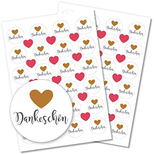 Partycards 48 Aufkleber/Sticker "Danke" rund für Hochzeit, Geburtstag, Weihnachten oder weitere Anlässe (Dankeschön mit Herz gold) von Partycards