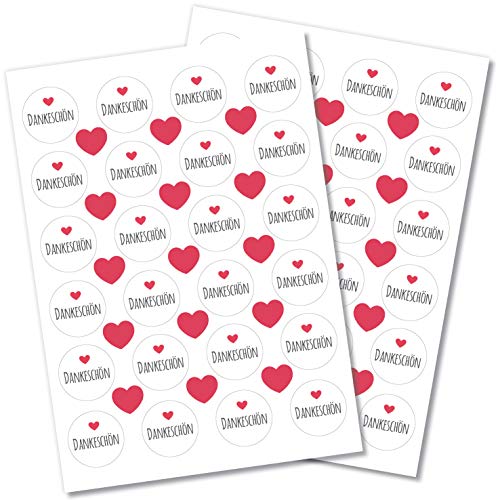 Partycards 48 Aufkleber/Sticker "Danke" rund für Hochzeit, Geburtstag, Weihnachten oder weitere Anlässe (Dankeschön mit Herz rot) von Partycards