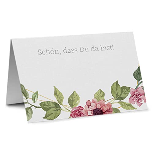 Partycards Tischkarten Geburtstag und Hochzeit mit 'Schön dass du da bist' Aufdruck, 50 St., Format DIN A7, bereits genutet, Blumen Motiv, als Namensschilder, Konfirmation und Platzkarten von Partycards