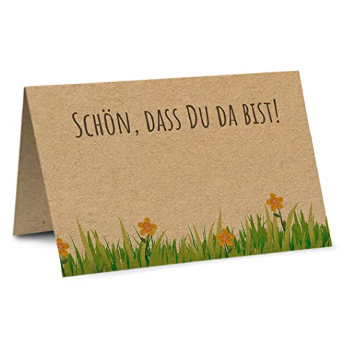 Partycards Tischkarten Geburtstag und Tischkarten Hochzeit, 50 Stück, Gedruckt auf Stabilem Kraftpapier, Motiv Blumenwiese, DIN A7 Format, Bereits Genutet, Ideal als Namensschilder Tischkarten Taufe von Partycards