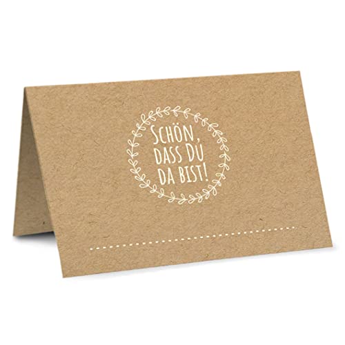 Tischkarten Geburtstag und Tischkarten Hochzeit, 50 Stck, Format A7, Blumenkranz Design, Schön dass du da bist', Geburtstag und Hochzeit als Platzkarten, Konfirmation, Kommunion, Namensschilder von Partycards