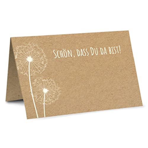 Partycards Tischkarten Hochzeit Schön, dass Du da bist 50 Stück, Weiße Pusteblume auf Kraftpapier, bereits genutet, Format DIN A7 - Ideal als Platzkarten für Konfirmation, Taufe, Kommunion von Partycards