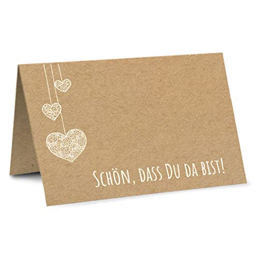 Partycards 50 Tischkarten Hochzeit, Tischkarten Geburtstag Format DIN A7 Weiße Hängende Herzen - Platzkarten Kommunion, Namensschilder Konfirmation, goldene Hochzeit, Schön dass du da bist von Partycards