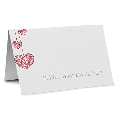 Partycards Tischkarten Geburtstag Tischkarten Hochzeit, 50 Stück Rote Herzen Format DIN A7, Hochzeitsdeko, Für Ihre Hochzeit, Kommunion, Namensschilder, Schön dass du da bist, goldene Hochzeit von Partycards