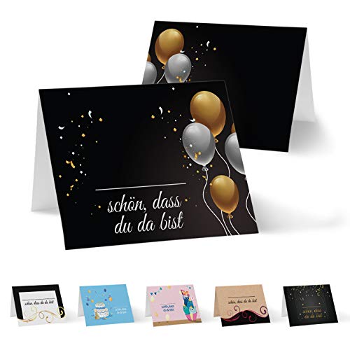 Partycards 50 Tischkarten Hochzeit Namenskarten Sitzplatzkarten Platzkarten Hochzeit Tischkarten Geburtstag Kommunion Konfirmation Ballon Tischkärtchen gold schwarz von Partycards