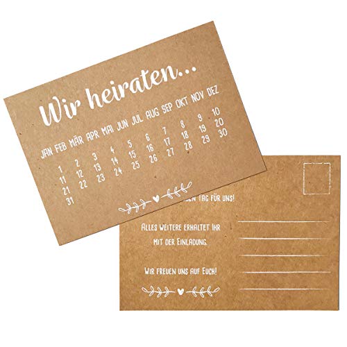 Partycards Hochzeitseinladungen 'Wir heiraten' echtes Kraftpapier mit weißem Druck 60 Karten DIN A6 Einladungskarten Hochzeit 'Save the Date' von Partycards
